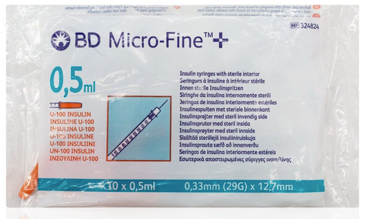 BD Micro-FineTM+ U100 Insulin Syringe 0.5ml 29g 12.7mm - Pack of 10