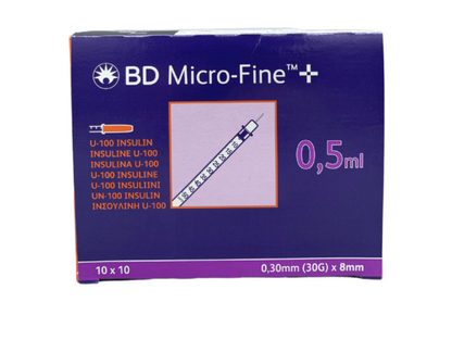 BD Micro-FineTM+ U 100 Insulin Syringe 0.5ml 30G x 8mm - Pack of 100